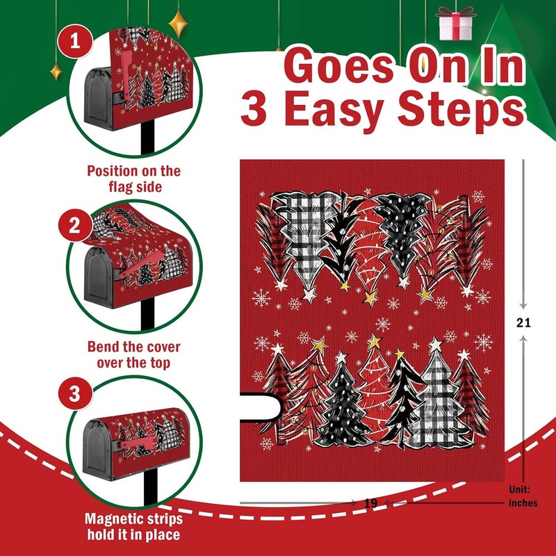 FBCOO Christmas Tree Red Mailbox Cover Magnetic Standard Size 20.5" x 18", Xmas Buffalo Plaid Snowflake Decorative Post Letter Box Wrap Decor, Winter Holiday Farmhouse Garden Yard Outdoor Decoration - Image 2